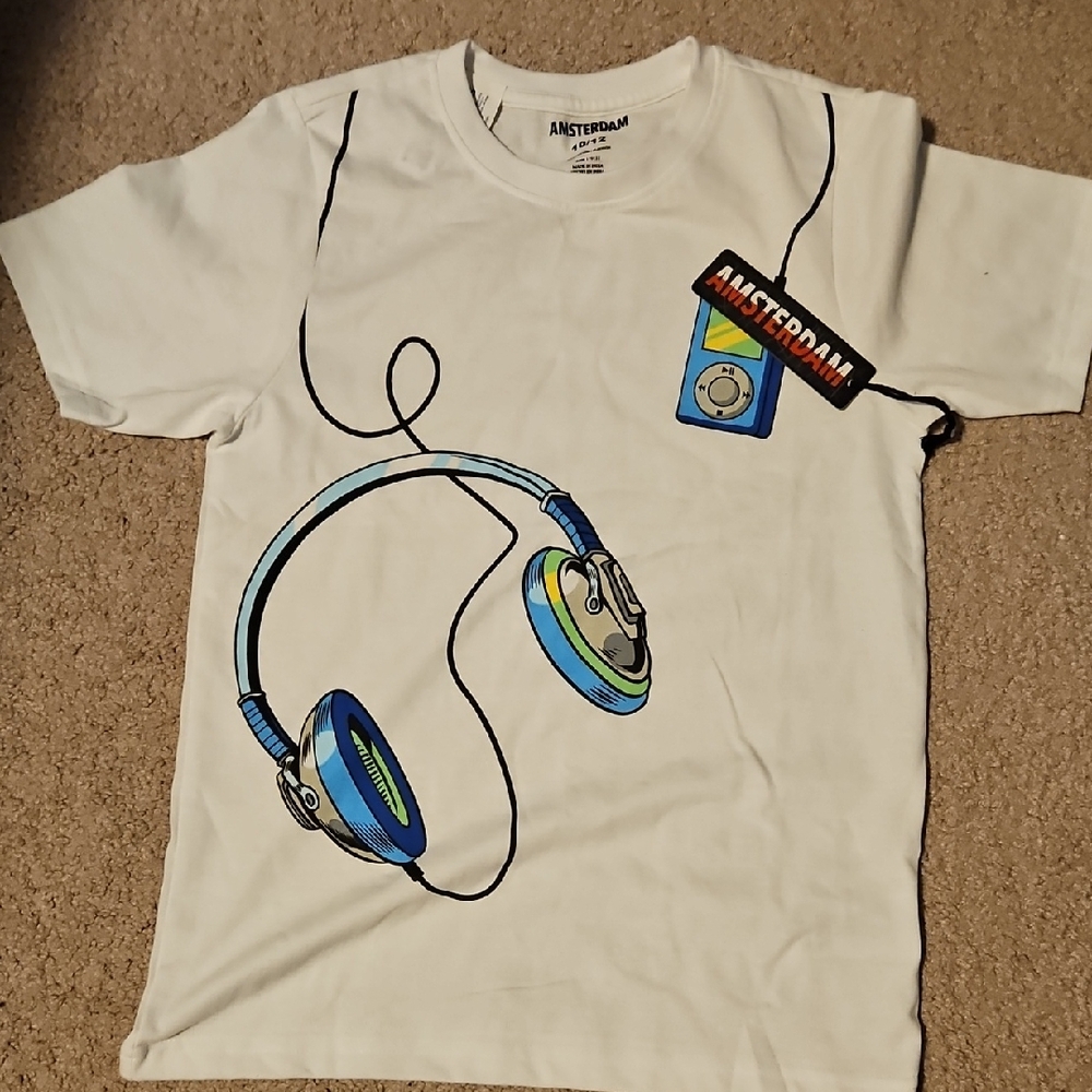 White T-Shirt with Blue Headphone Graphic
